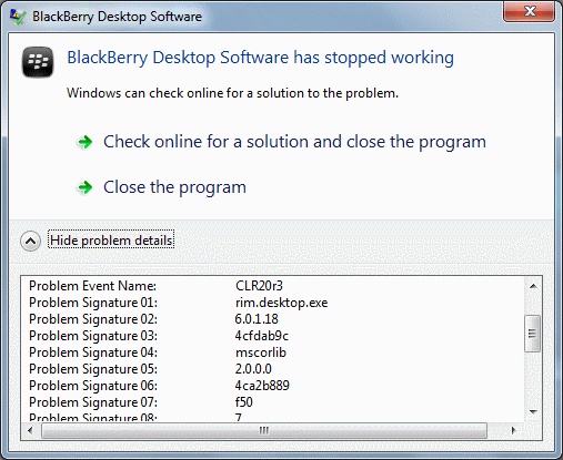 Error CLR20r3 rim.desktop.exe